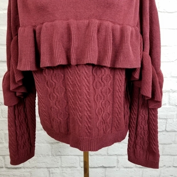 Project Naadam maroon red mock neck ruffle cable knit sweater women's  M NWT - Picture 6 of 7